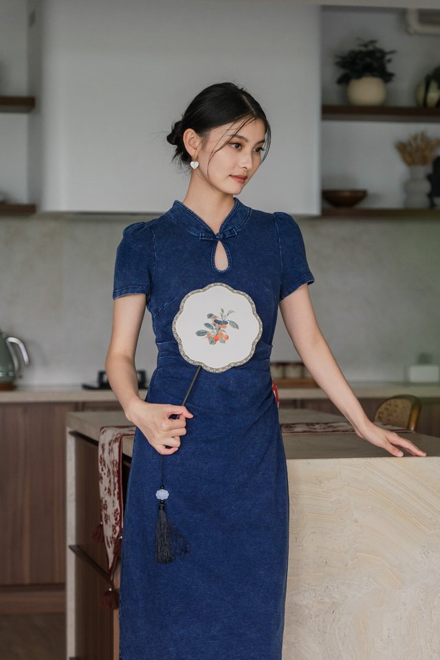 Ai Denim Ruched Qipao Midi Dress in Dark Wash