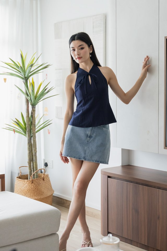 Lunar Mandarin Collar Halter Top In Navy