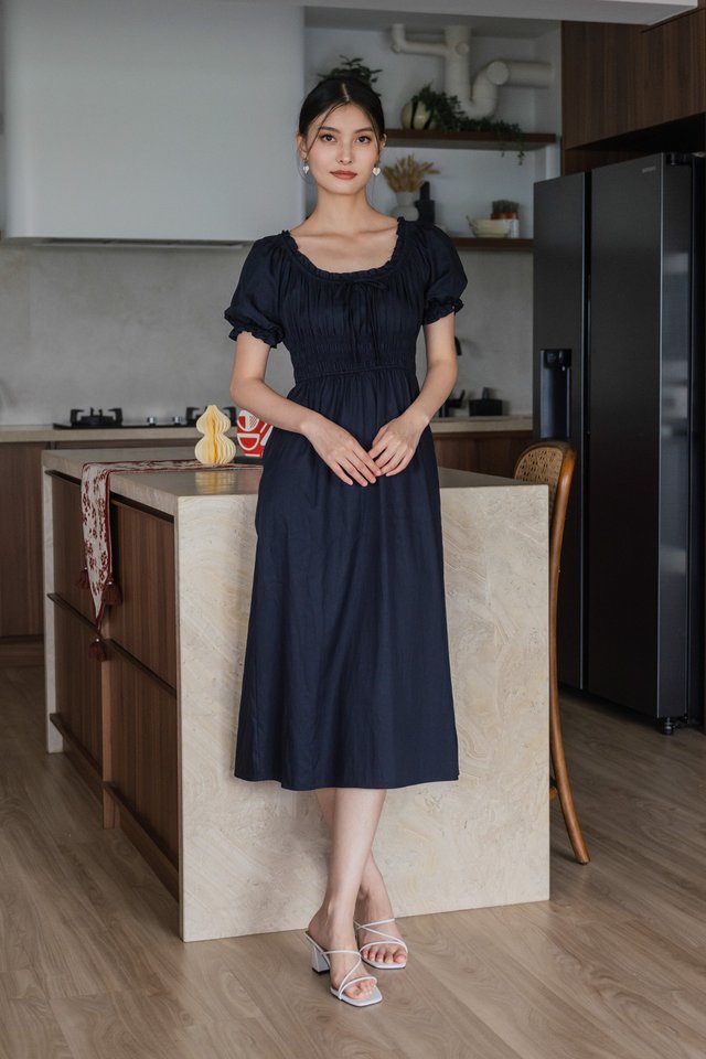 Margaret Ruched Ribbon Midi Dress In Navy