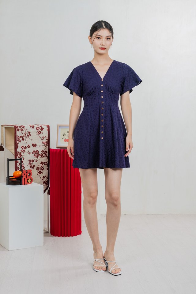 Era Eyelet Buttons Dress In Navy