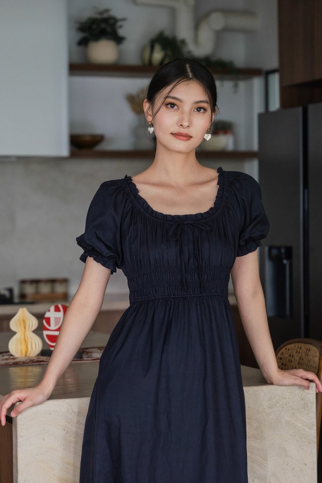 Margaret Ruched Ribbon Midi Dress In Navy