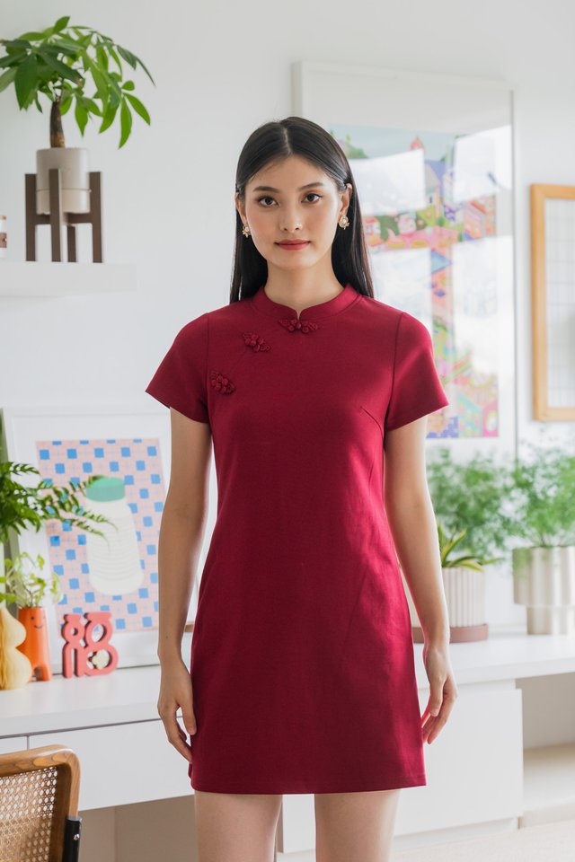 Hui Qipao Cotton Dress In Wine
