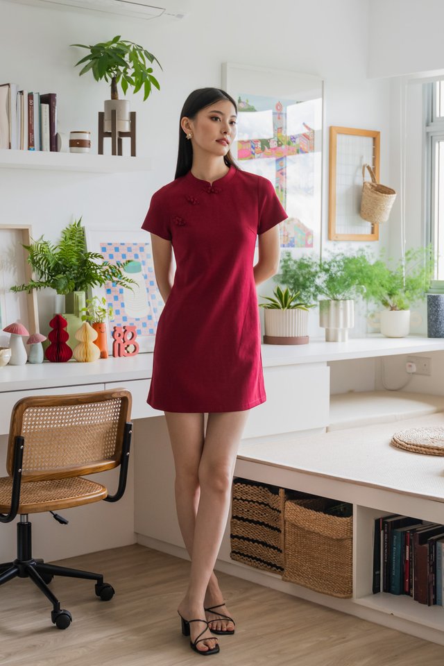 Hui Qipao Cotton Dress In Wine