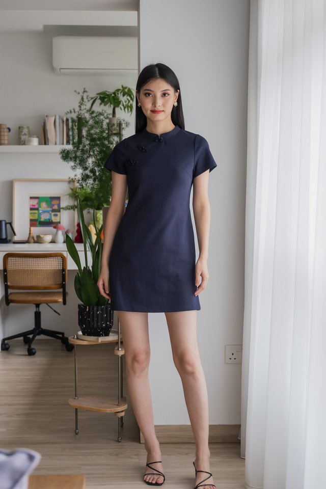 Hui Qipao Cotton Dress In Navy
