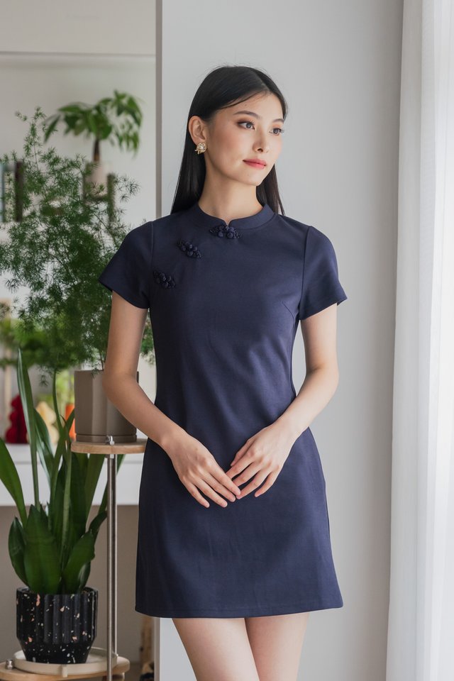 Hui Qipao Cotton Dress In Navy