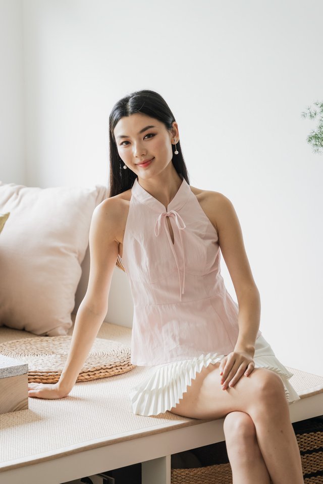 Lunar Mandarin Collar Halter Top In Ice Pink