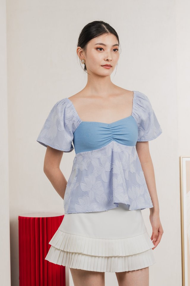 Blush Mixed Fabric Textured Top In Blue
