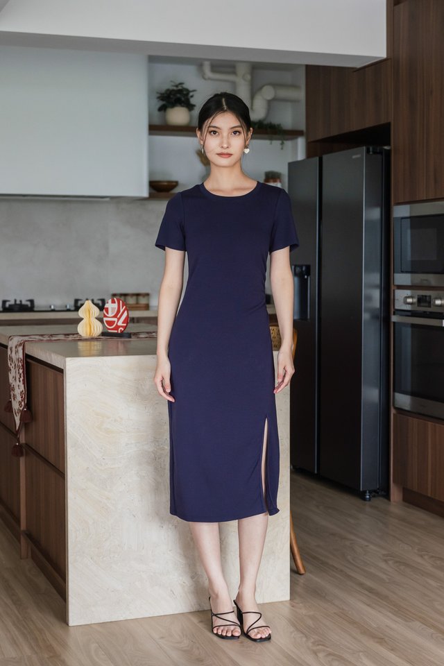 Osborn Cotton Slit Midi Dress In Navy