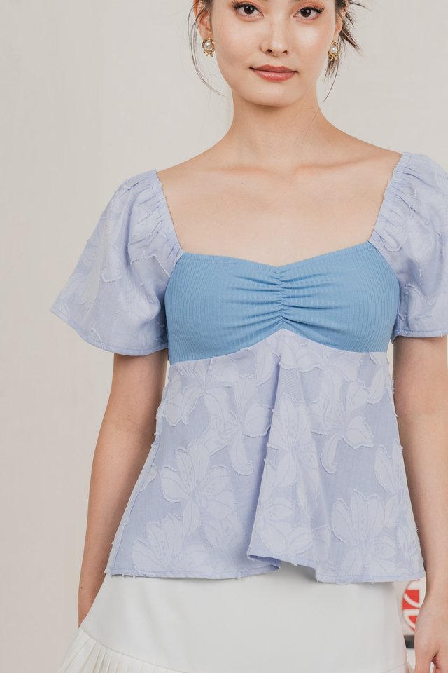 Blush Mixed Fabric Textured Top In Blue