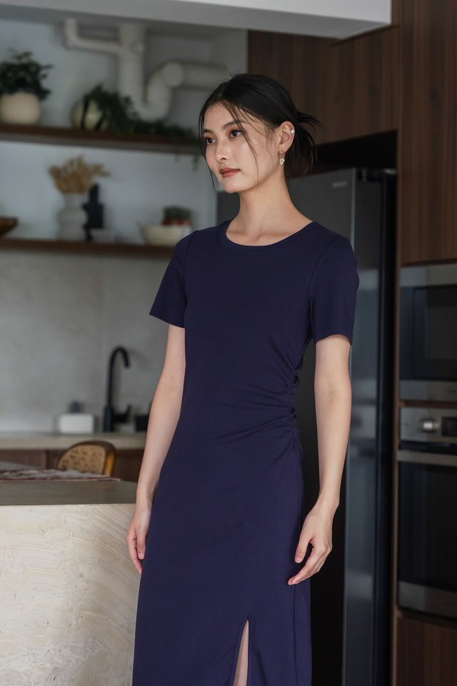 Osborn Cotton Slit Midi Dress In Navy