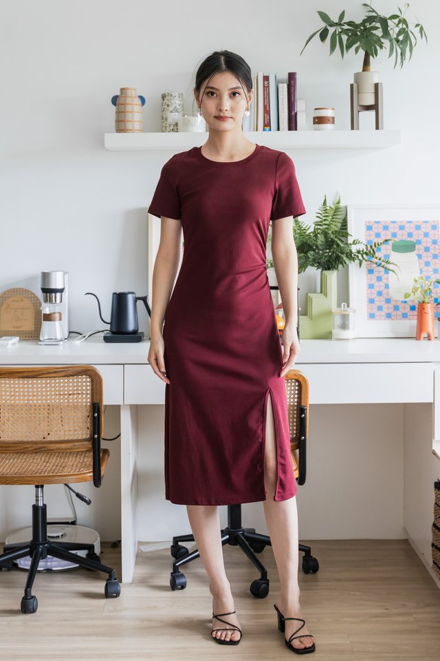Osborn Cotton Slit Midi Dress In Wine