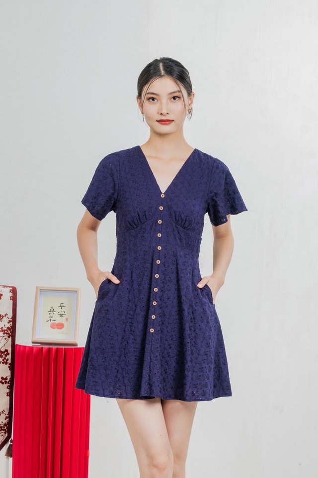 Era Eyelet Buttons Dress In Navy