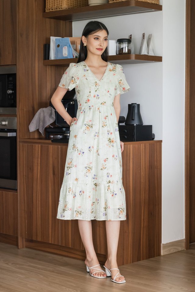 Tinsdale Eyelet Empire Midi Dress in Tea Green