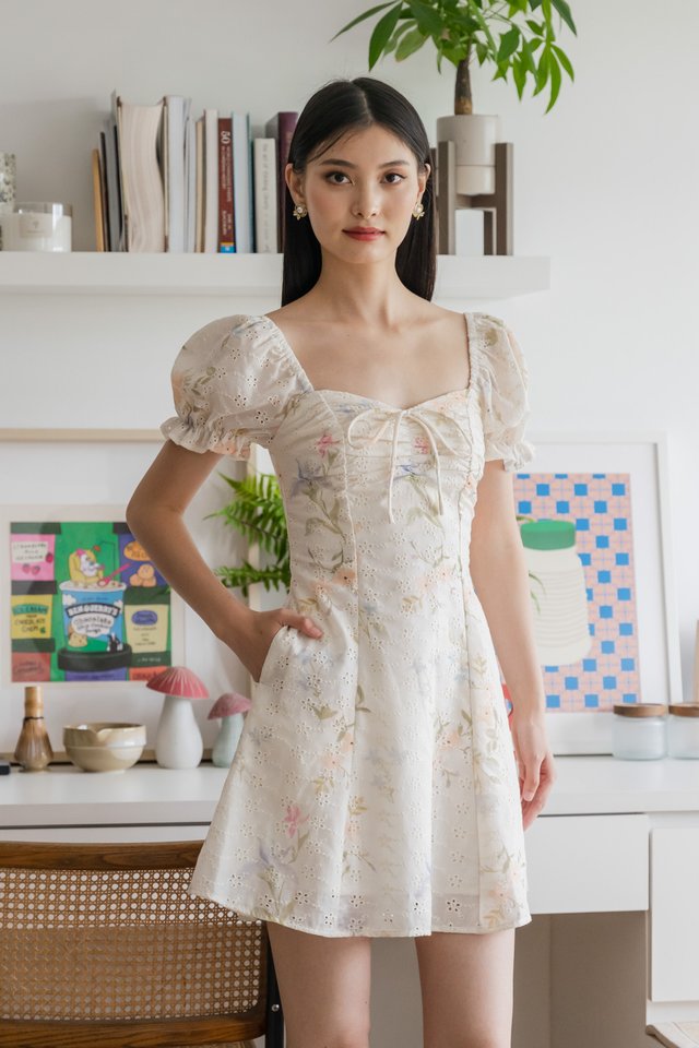 Cheer Fleur Eyelet Ribbon Ruched Dress