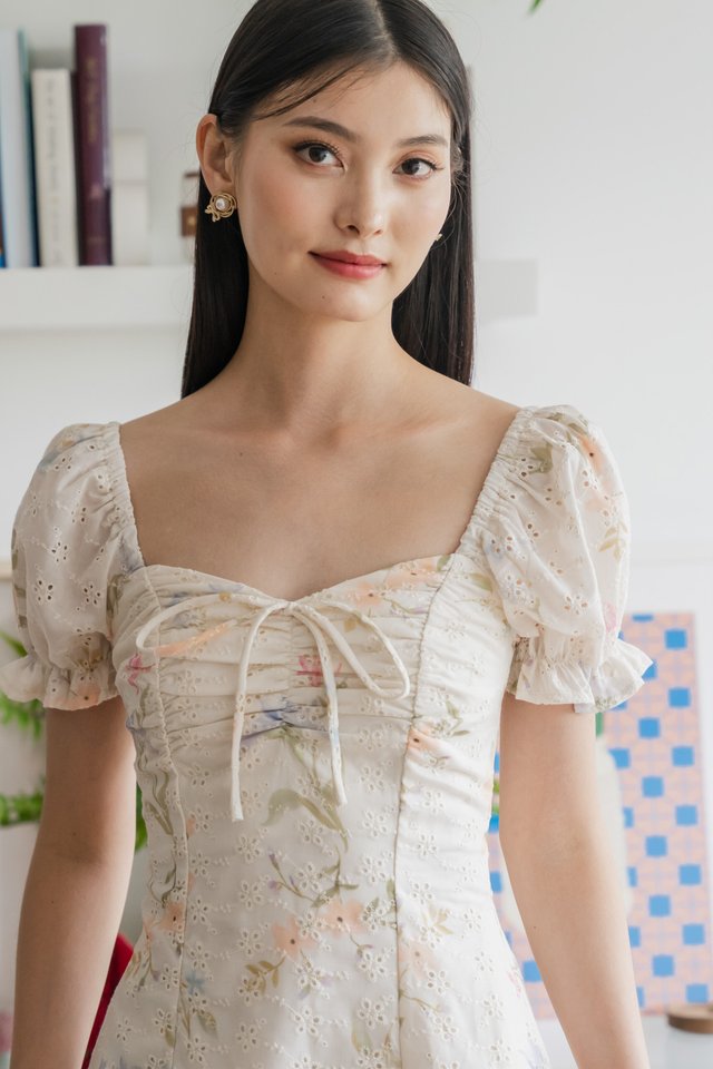 Cheer Fleur Eyelet Ribbon Ruched Dress