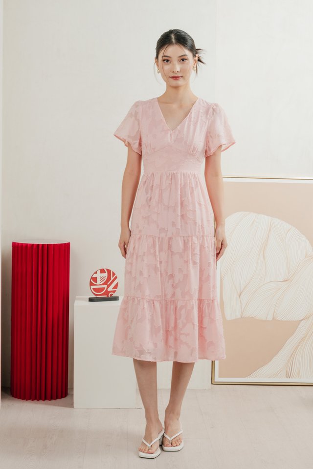 Navillera Textured Tiered Midi Dress In Peach Pink