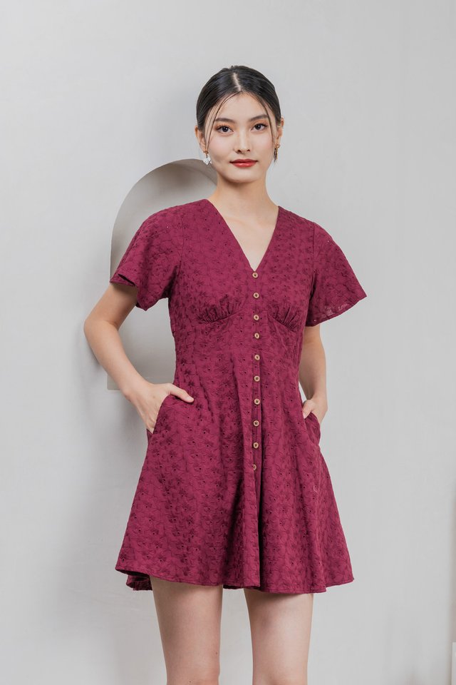 Era Eyelet Buttons Dress In Wine