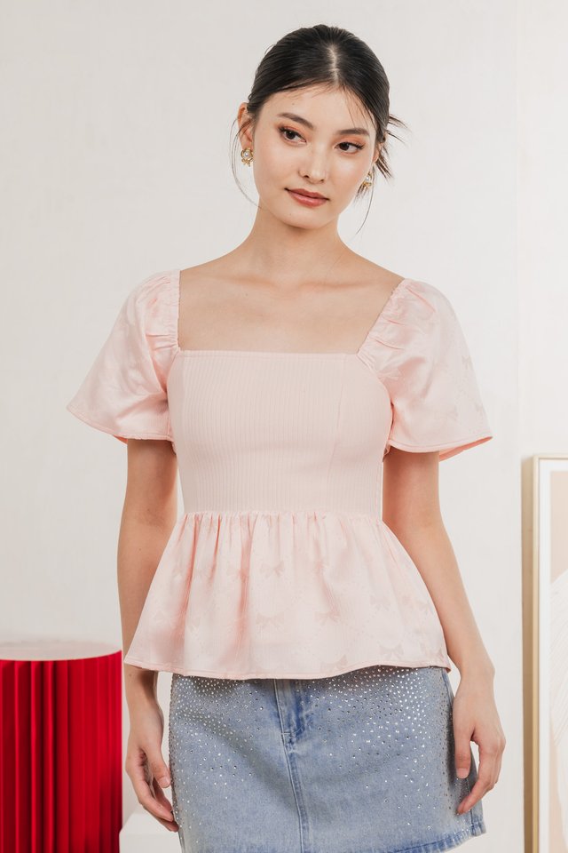 Marcelle Mixed Fabric Ribbon Texture Top In Blush Pink