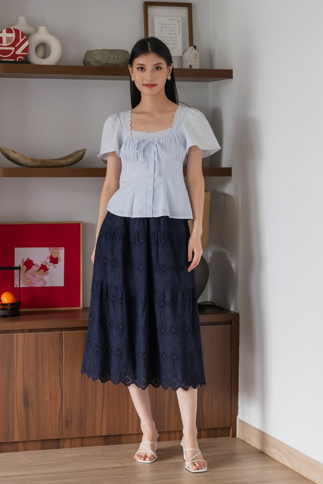 Amigo Embroidery Eyelet Ruched Top In Powder Blue