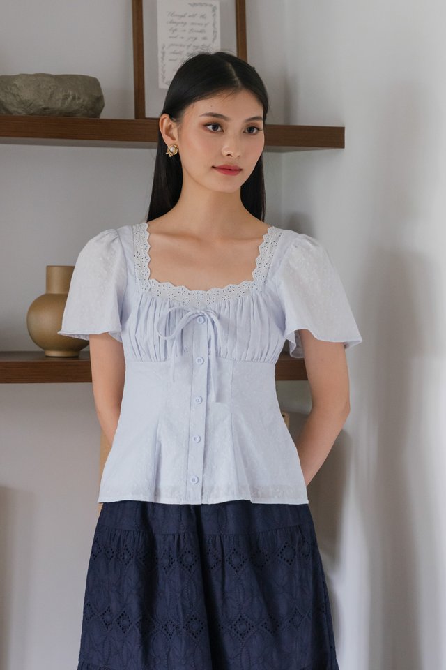 Amigo Embroidery Eyelet Ruched Top In Powder Blue