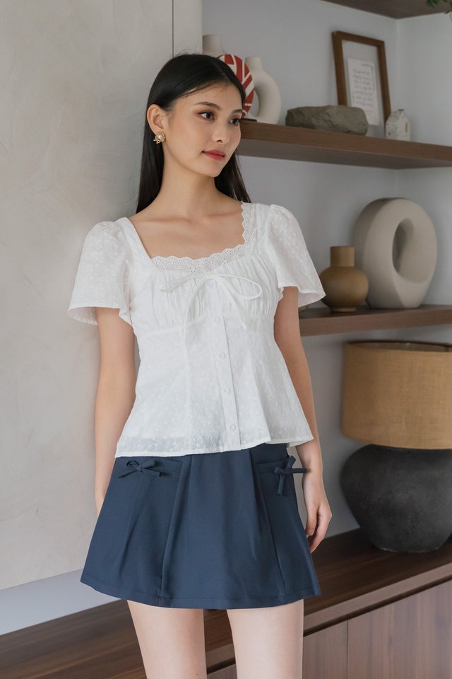 Amigo Embroidery Eyelet Ruched Top In White