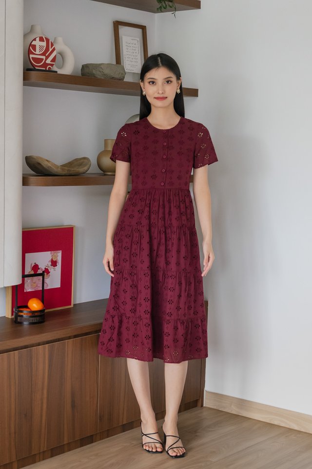 Orchid Eyelet Tiered Midi Dress In Burgundy