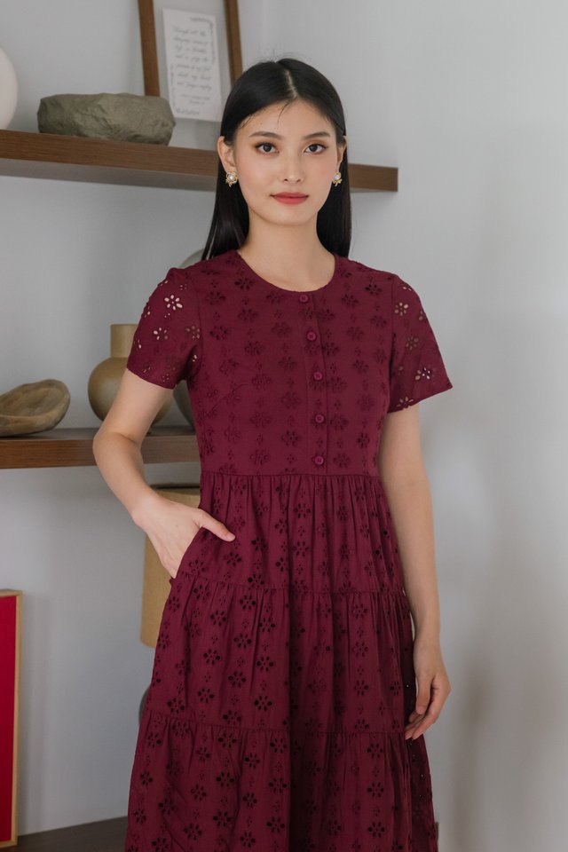 Orchid Eyelet Tiered Midi Dress In Burgundy