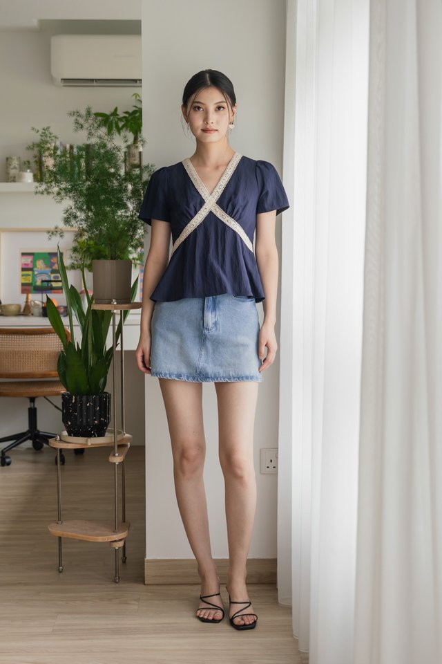 Wanderlust Lace Babydoll Top In Navy