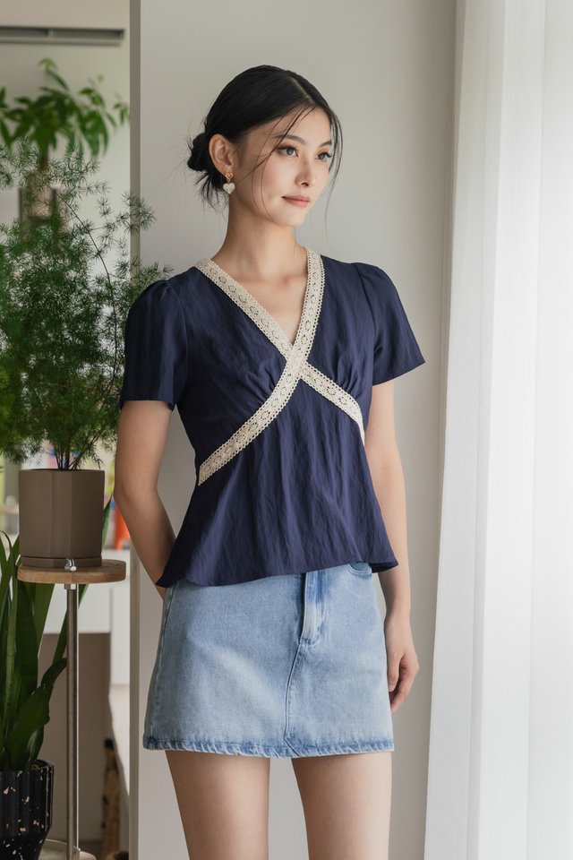 Wanderlust Crochet Babydoll Top In Navy