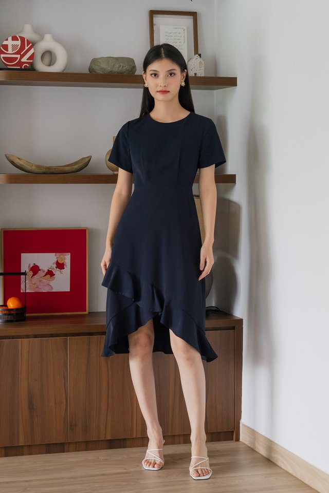 Sharon Ruffle Hem Midi Dress In Navy