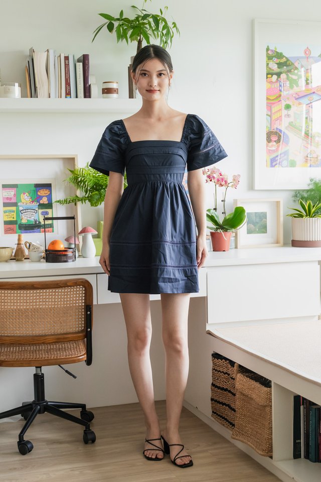Timeless Pintuck Crochet Dress In Navy