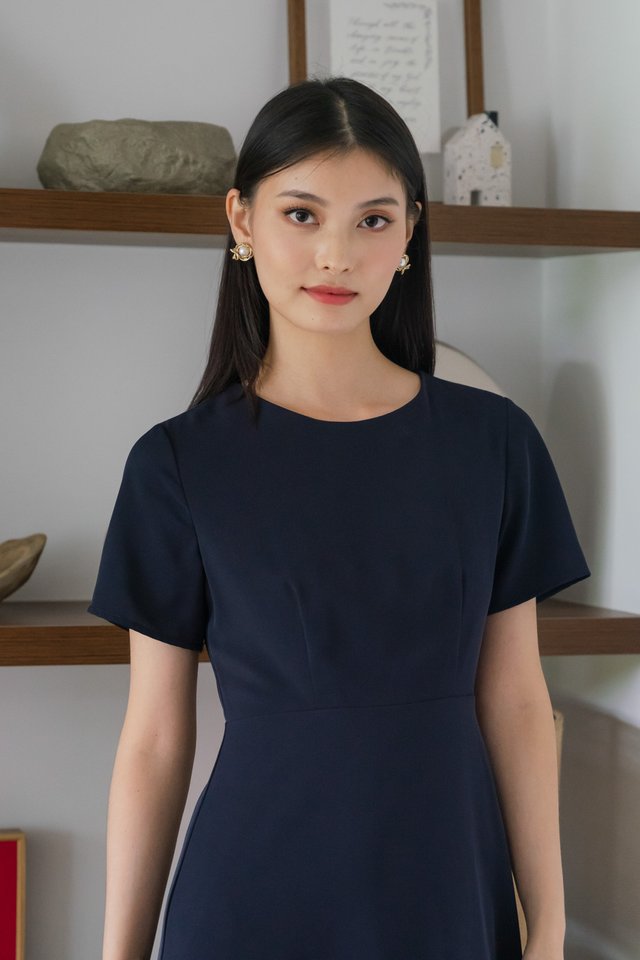 Sharon Ruffle Hem Midi Dress In Navy