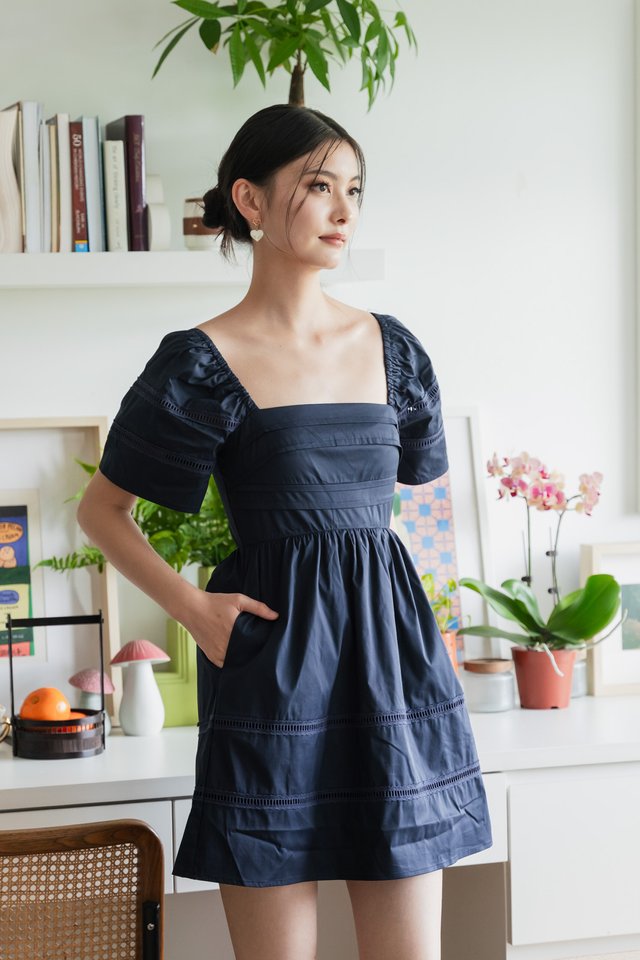 Timeless Pintuck Crochet Dress In Navy