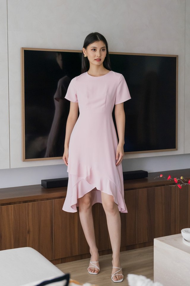 Sharon Ruffle Hem Midi Dress In Pink