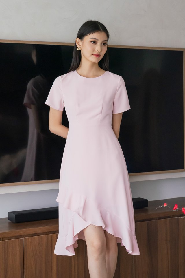 Sharon Ruffle Hem Midi Dress In Pink