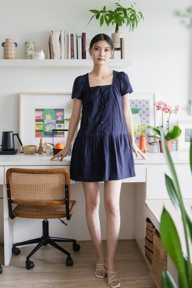 Delia Embroidery Ribbon Buttons Dress In Navy