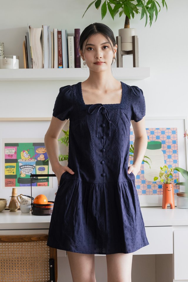 Delia Embroidery Ribbon Buttons Dress In Navy