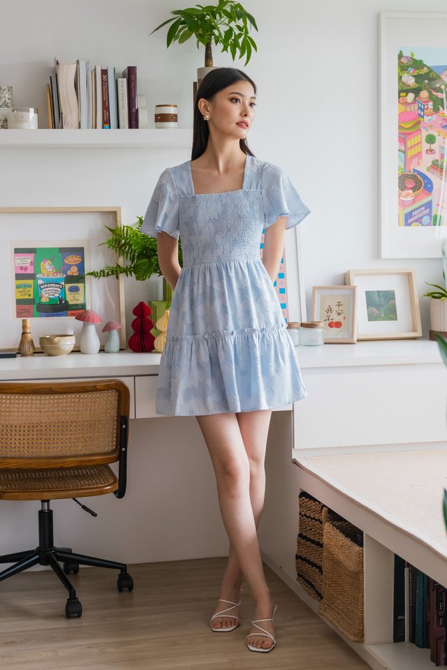 Blush Textured Smocked Dress In Ice Blue