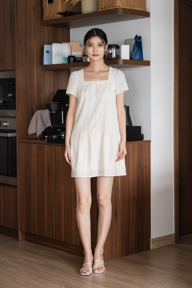 Delia Embroidery Ribbon Buttons Dress In Pearl Cream