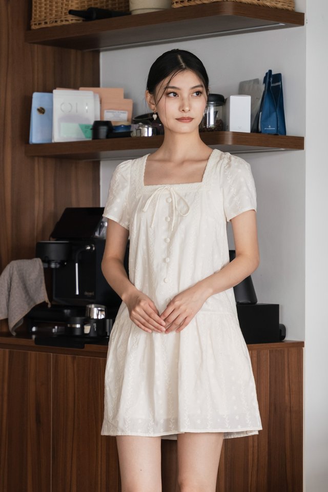 Delia Embroidery Ribbon Buttons Dress In Pearl Cream