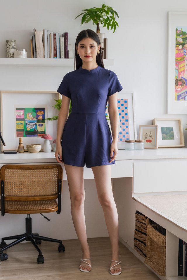 Huan Mandarin Collar Romper In Navy