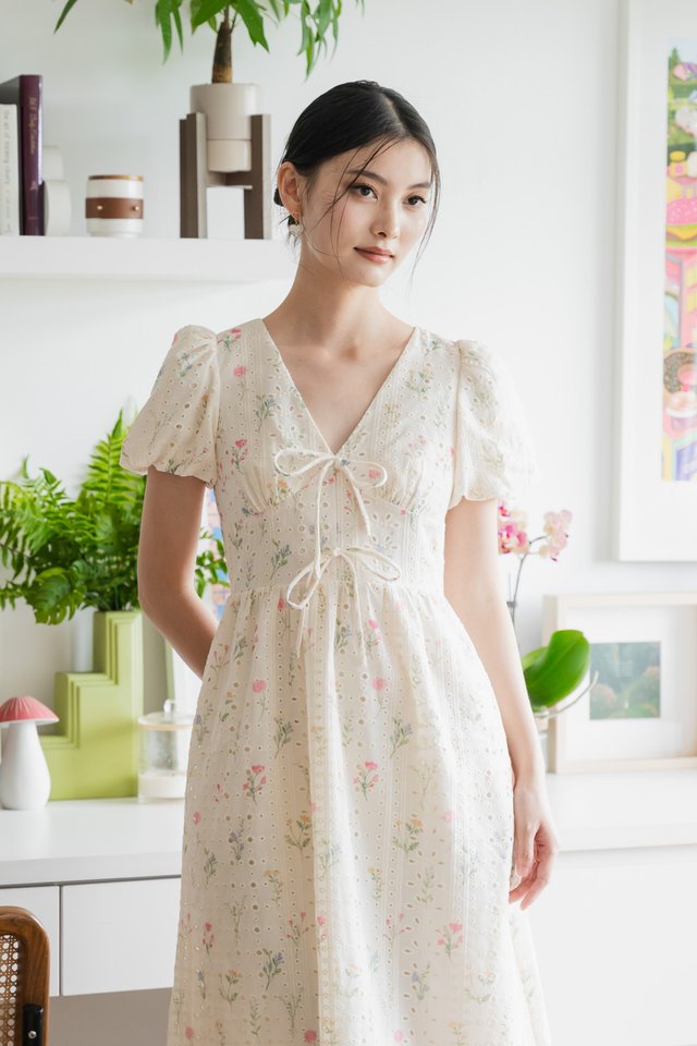 Spring Melody Eyelet Ribbon Midi Dress