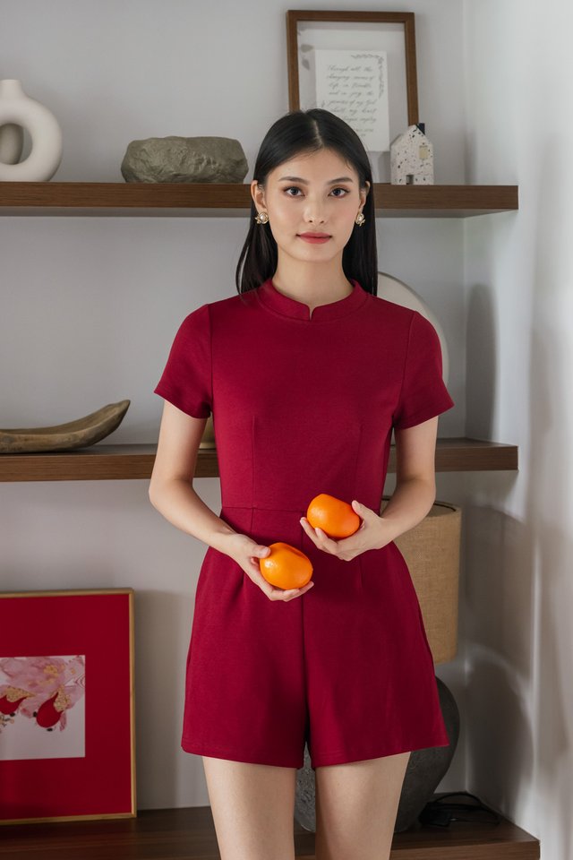 Huan Mandarin Collar Romper In Wine
