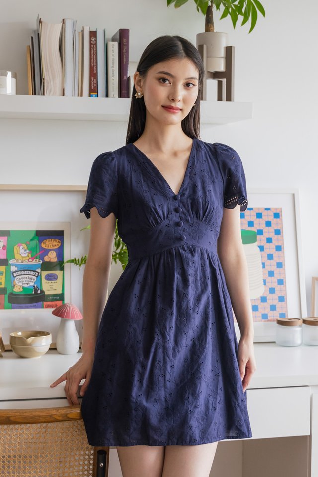 Missy Eyelet Empire Dress In Navy