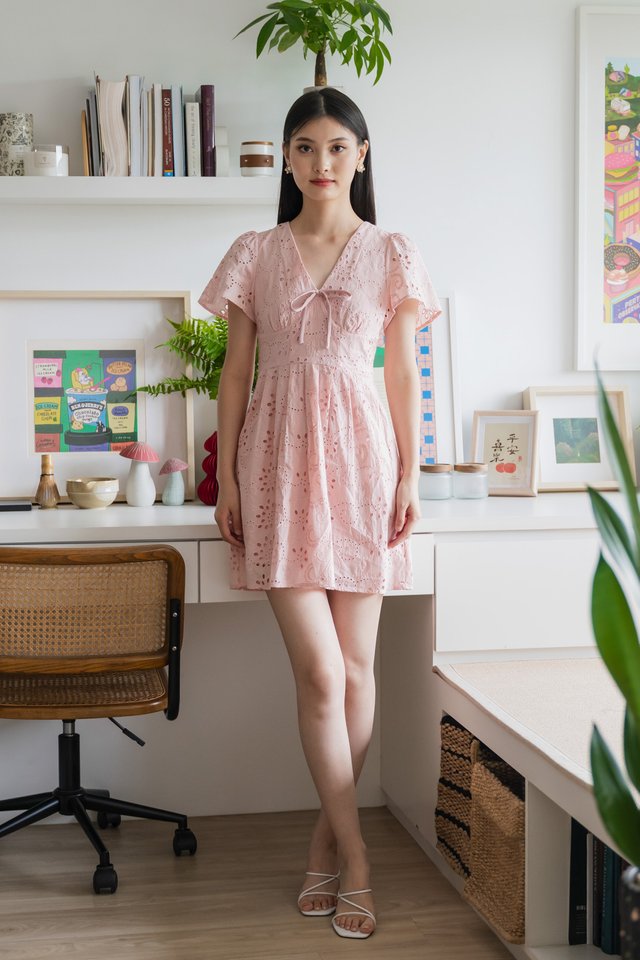 Lily Eyelet Ribbon Pleats Dress In Pink