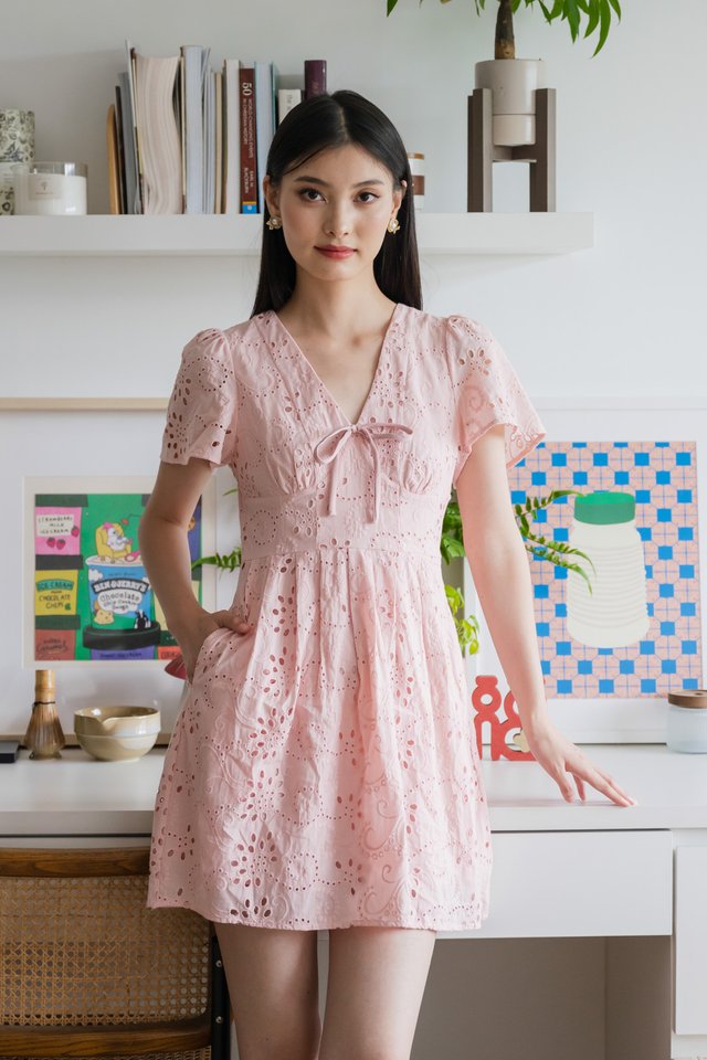 Lily Eyelet Ribbon Pleats Dress In Pink