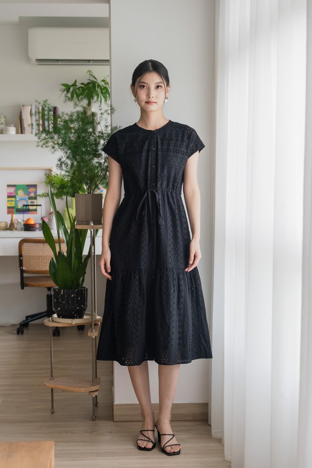 Calixa Eyelet Drawstring Buttons Midi Dress In Black