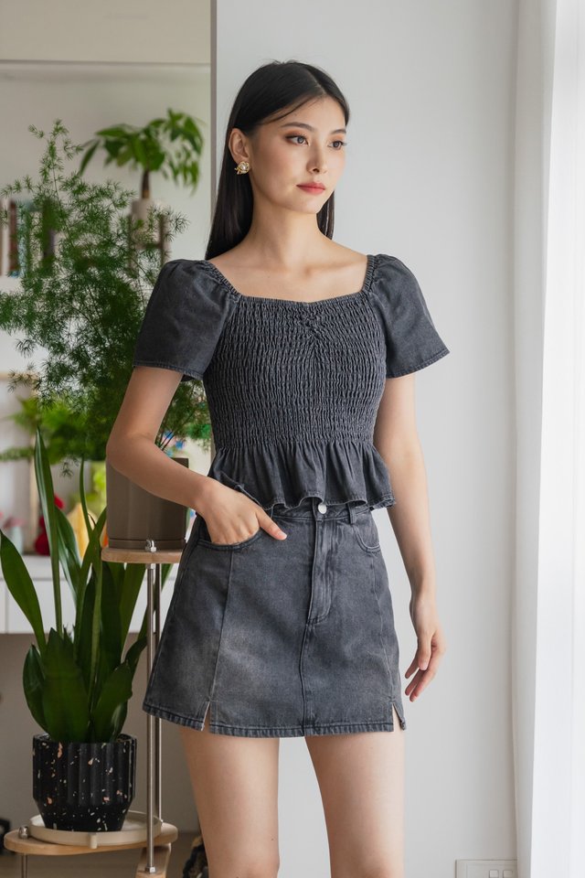 Hydra Smocked Denim Top In Stone Wash