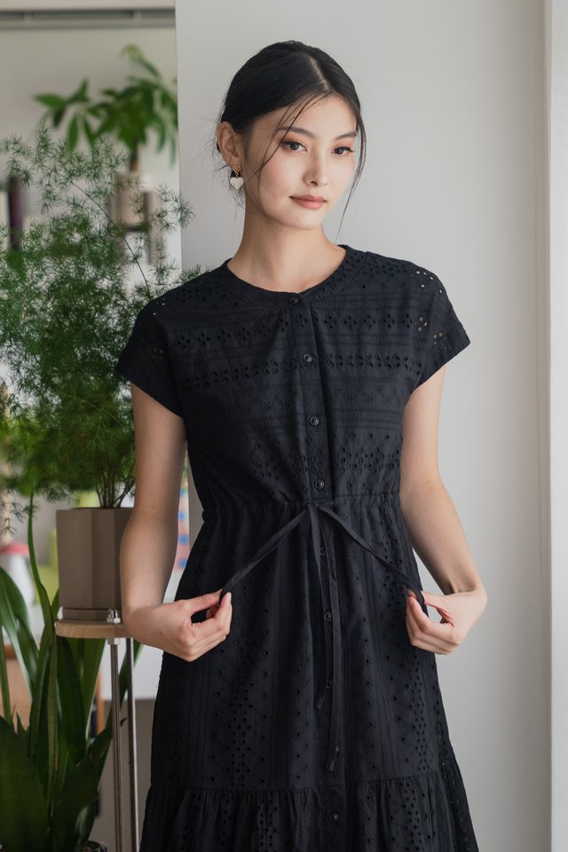 Calixa Eyelet Drawstring Buttons Midi Dress In Black