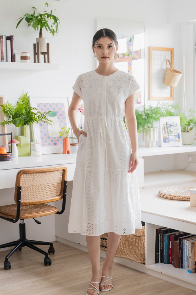Calixa Eyelet Drawstring Buttons Midi Dress In White